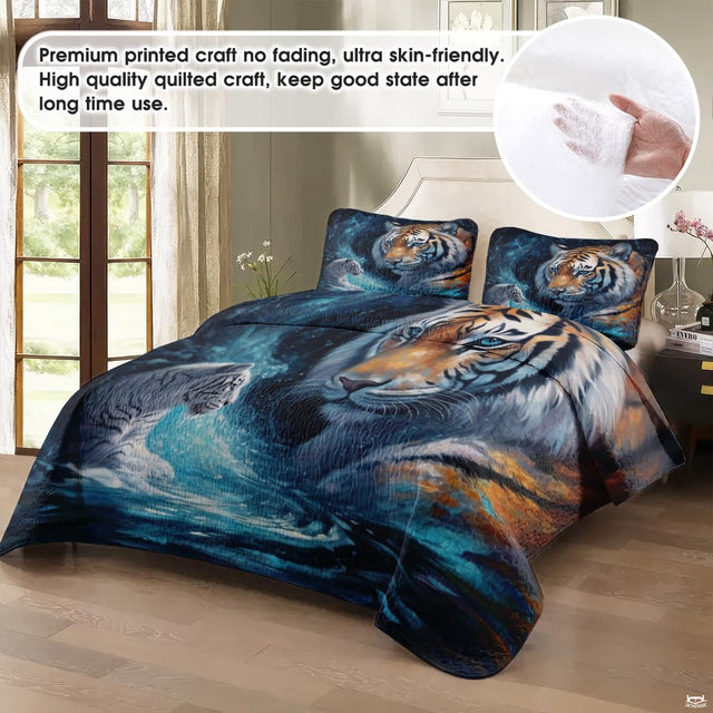 Blue tiger family bedding displayed in a bright bedroom