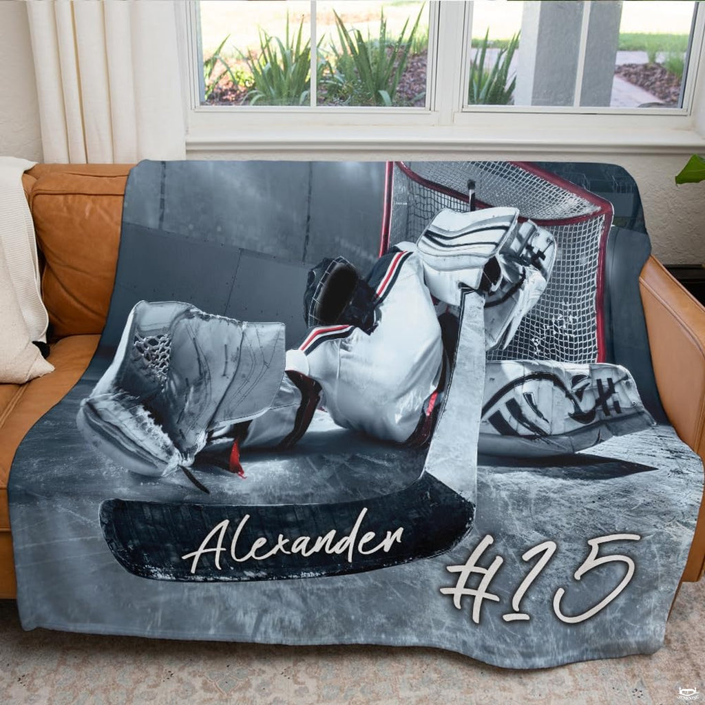 Close up shot showing fine graphic details and white underside of ice hockey blanket.