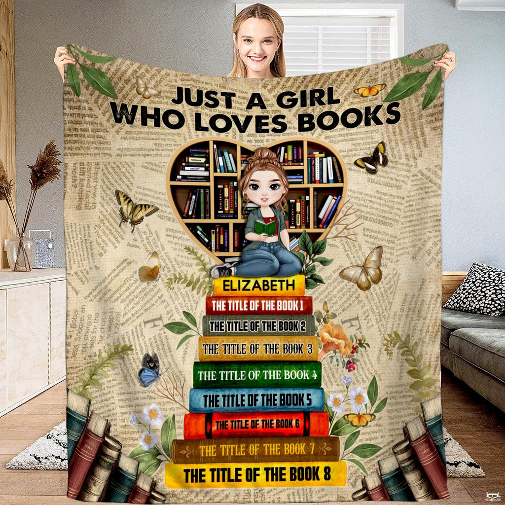 Personalized Reading Girl on Heart Bookshelf Throw Blanket - Book