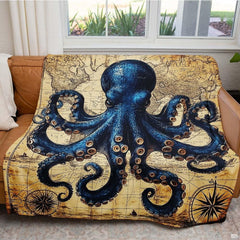 Detailed illustration of giant sea octopus suckers and vintage navigational lines on coastal bedding display.