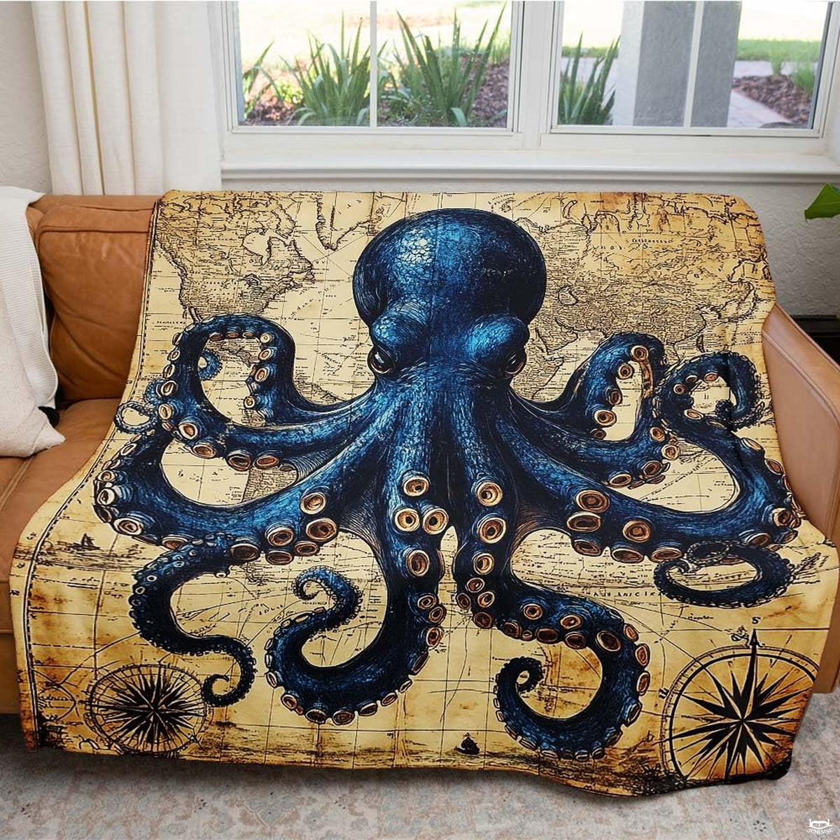 Detailed illustration of giant sea octopus suckers and vintage navigational lines on coastal bedding display.