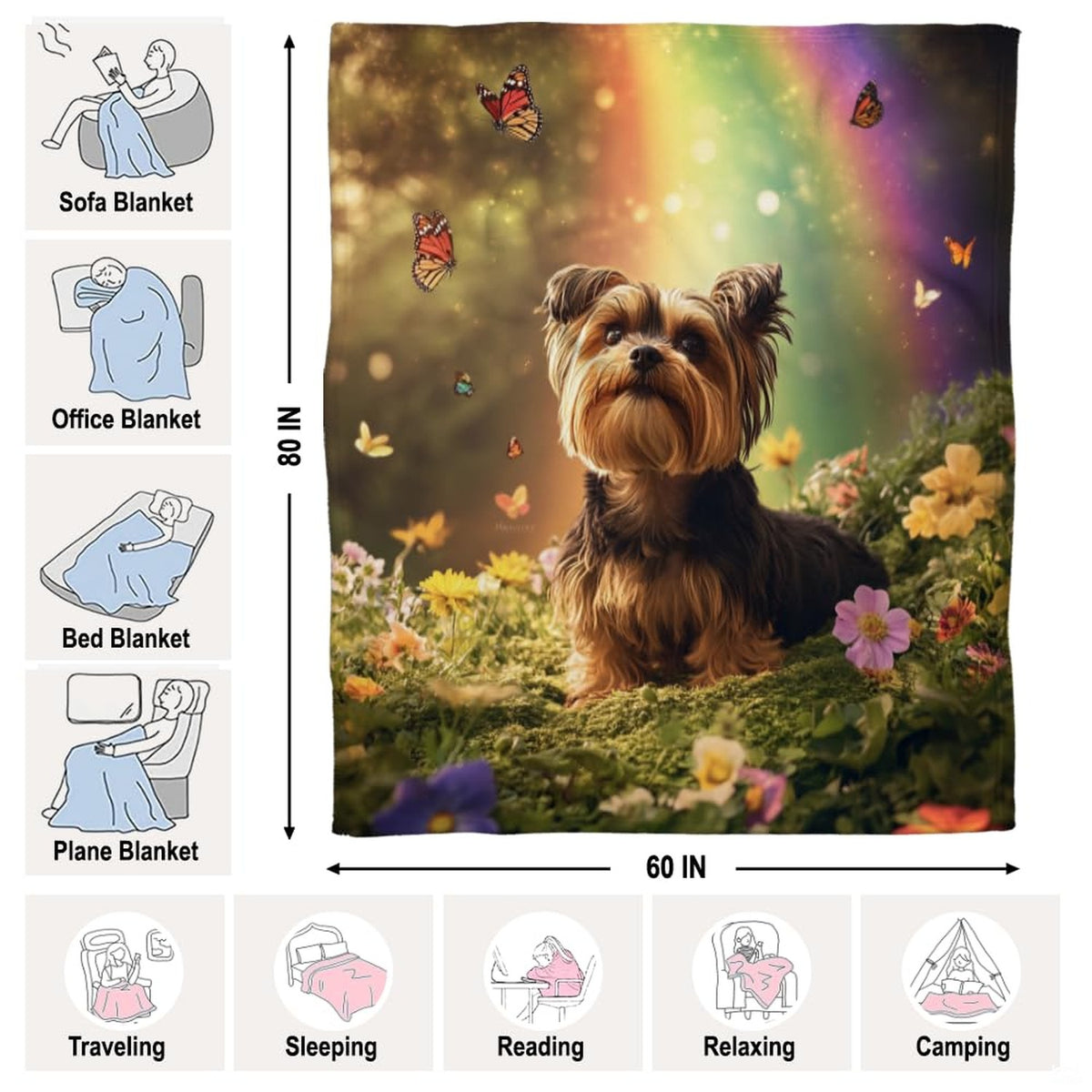 Yorkshire terrier dog in wildflower meadow beneath colorful rainbow and butterflies, view 7.