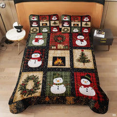 Christmas patchwork bedding displaying winter snowmen artwork and traditional plaid borders.