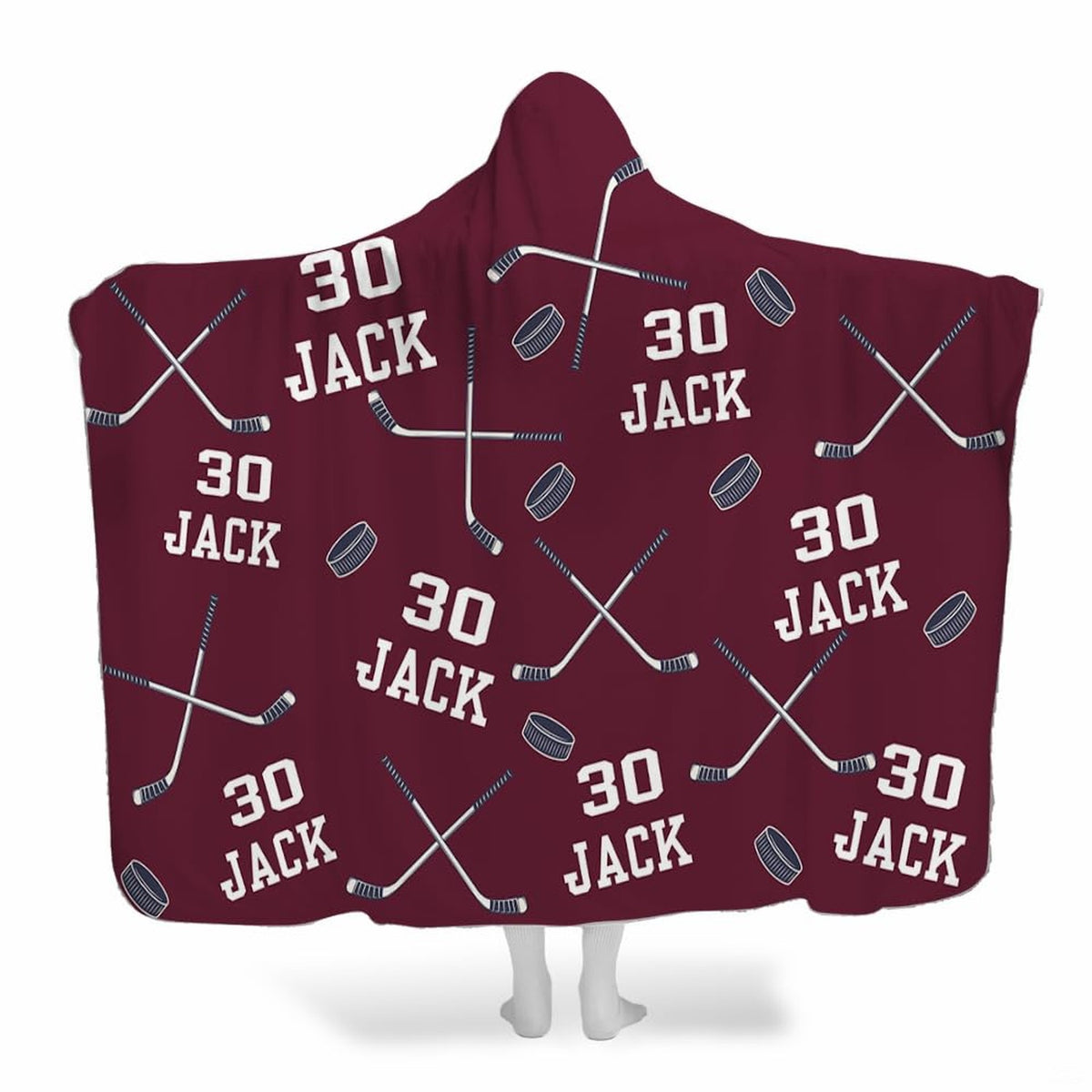 Ice hockey bedding set pattern showing crossed sticks and pucks on maroon burgundy background.