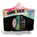 Softball watercolor blanket displaying pastel cloud wash, ball lace half-circle, and athletic typography on black.