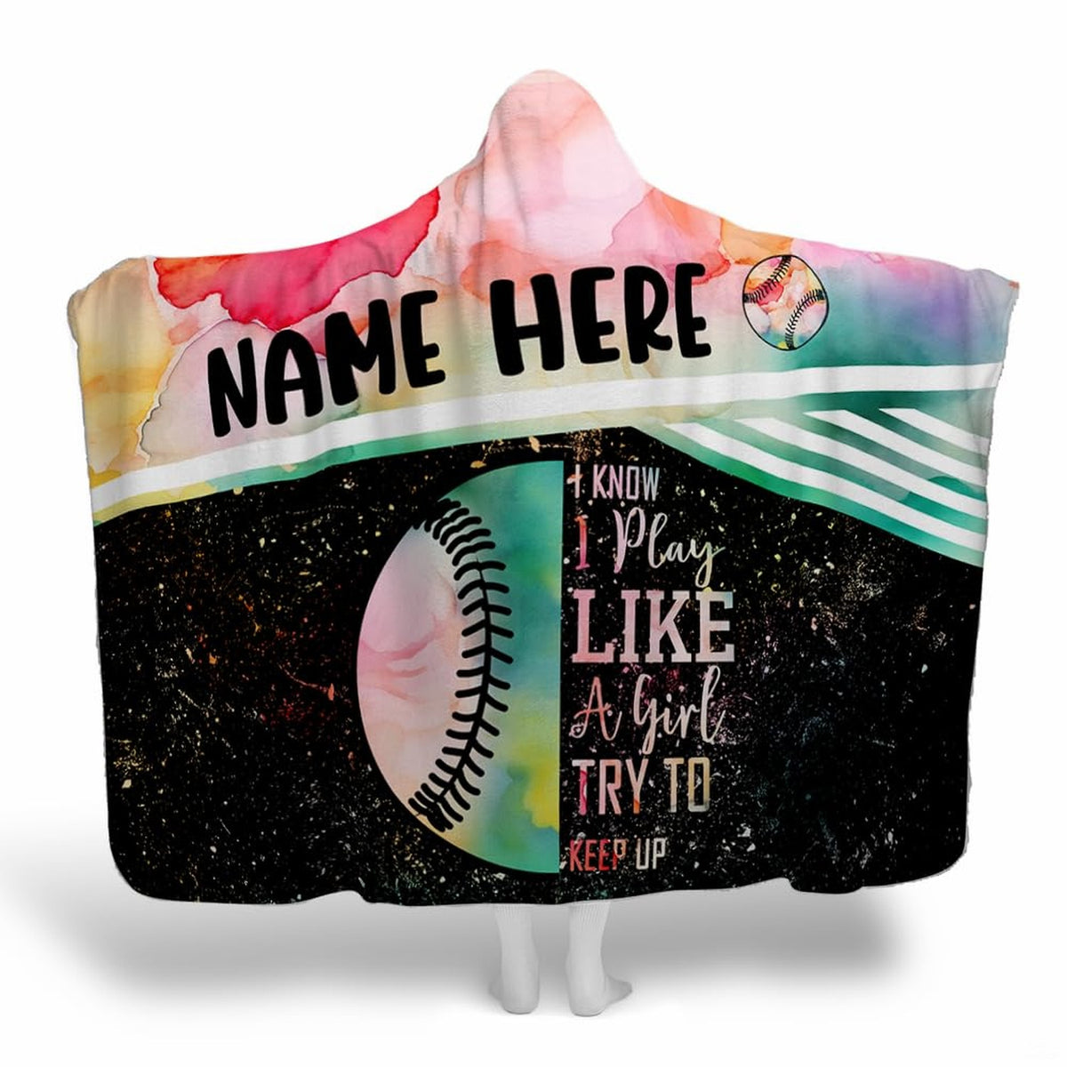 Softball watercolor blanket displaying pastel cloud wash, ball lace half-circle, and athletic typography on black.