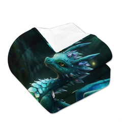 Bedroom styling of peacock teal dragon bedding set displayed neatly on a mattress with modern decor.