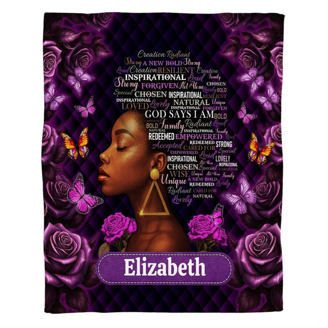 Frontal view of black woman profile surrounded by purple roses, butterflies, and diamond lattice.