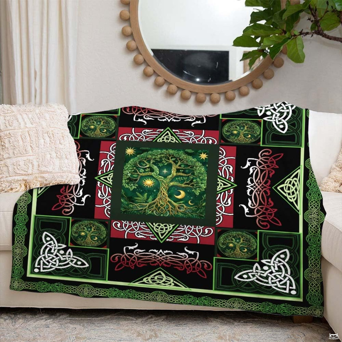 Bedding styled in an ambient bedroom setting accentuating dark paneled framing and mythic artwork.