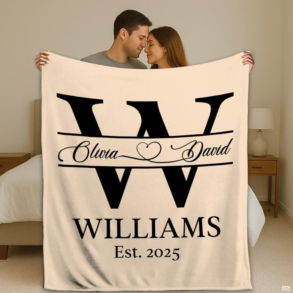 Personalized Photo Couple Blanket with Special Date & Names – Custom Husband Wife Boyfriend Girlfriend Gift – Romantic Throw for Anniversary, Wedding, or Engagement (Monogram Couple)