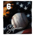 Patriotic baseball throw blanket featuring baseball and glove resting on American flag stars and stripes