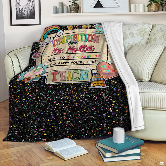 Overhead perspective of school bed set featuring yellow buses, rainbows, and backpacks.