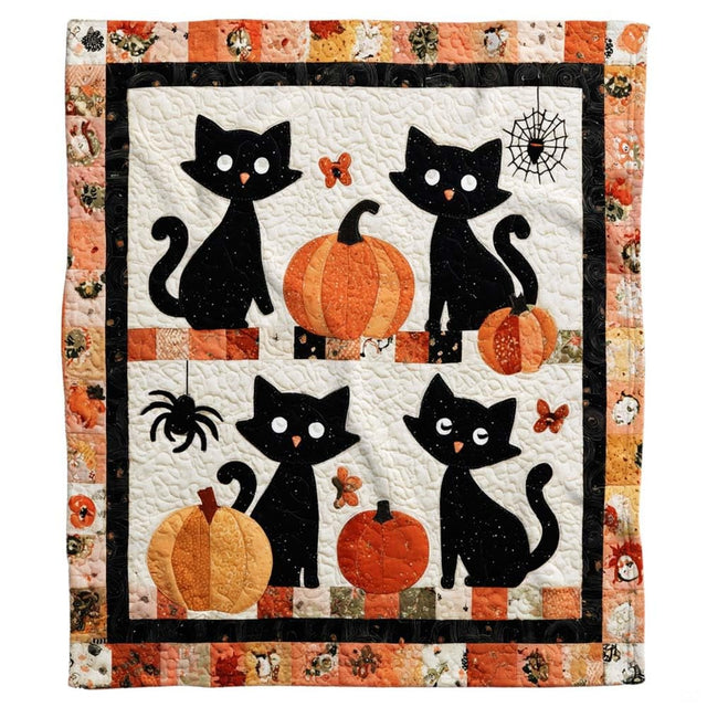 Halloween black cats and pumpkins throw blanket held open by woman