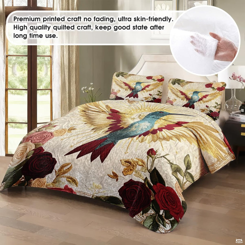 Staged bedroom with teal hummingbird, gold wings, and red rose artwork