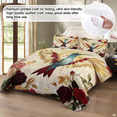 Staged bedroom with teal hummingbird, gold wings, and red rose artwork