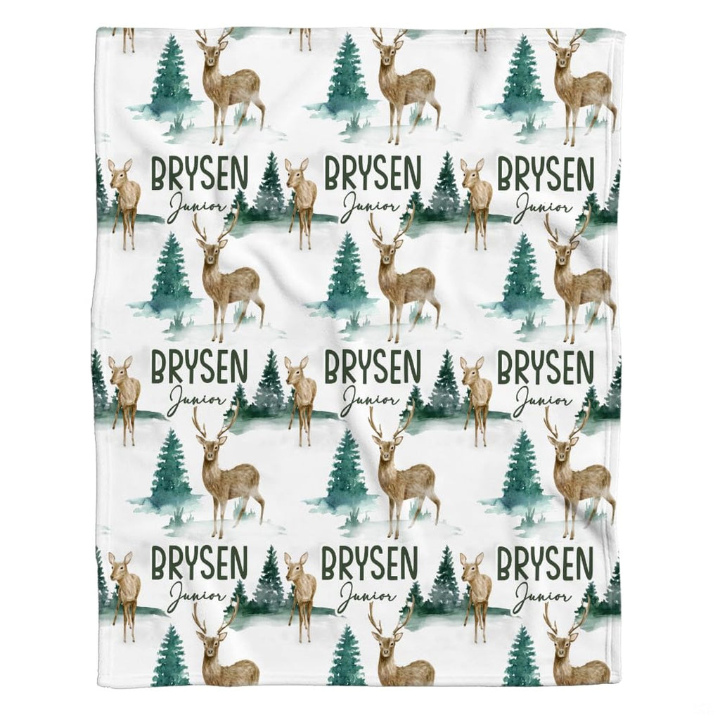 Woodland bedding set with watercolor deer, stags, and pine trees on a clean white background.