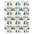 Woodland bedding set with watercolor deer, stags, and pine trees on a clean white background.