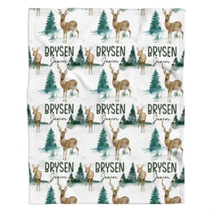 Woodland bedding set with watercolor deer, stags, and pine trees on a clean white background.