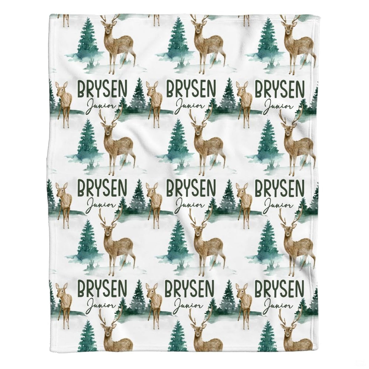 Woodland bedding set with watercolor deer, stags, and pine trees on a clean white background.