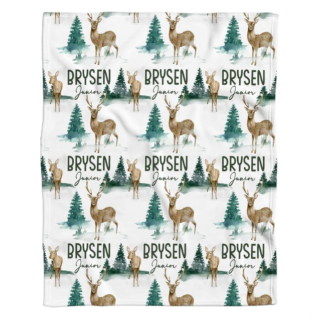 Woodland bedding set with watercolor deer, stags, and pine trees on a clean white background.