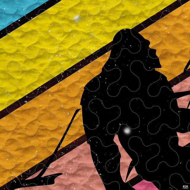 Close view of vibrant striped sunset semicircle with cyan, yellow, coral, and deep magenta retro artwork.