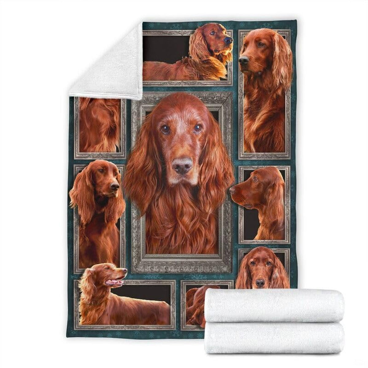 Folded corner and rolled layout of the Irish Setter blanket showing the white reverse side.