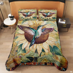 Overhead view of hummingbird and cream sunflower artwork