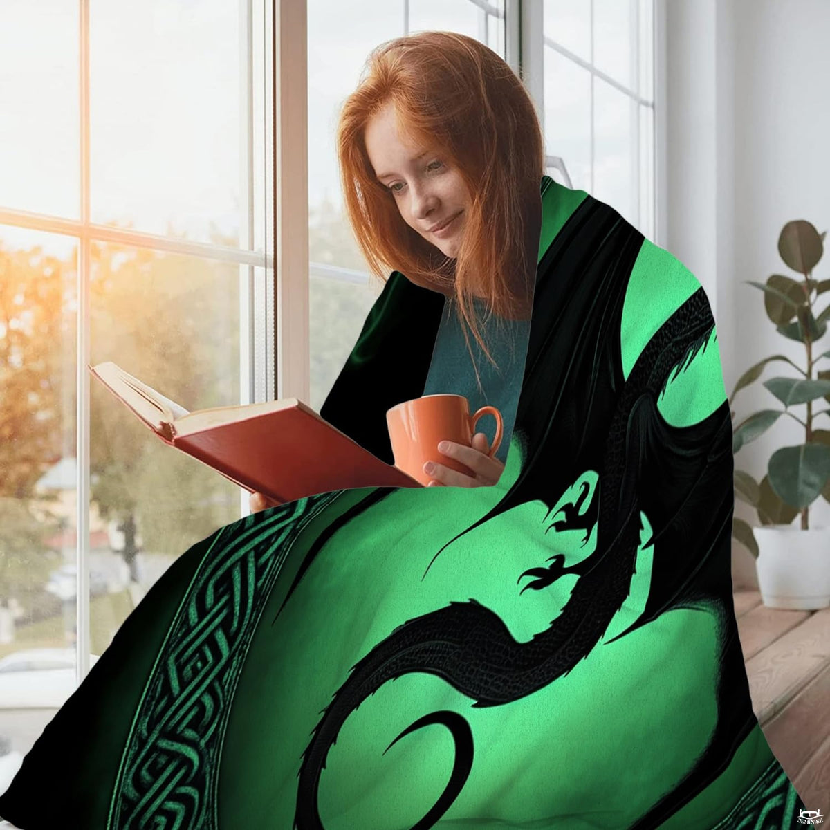 Gothic fantasy bedroom decor styled with an emerald green winged dragon bedding set.