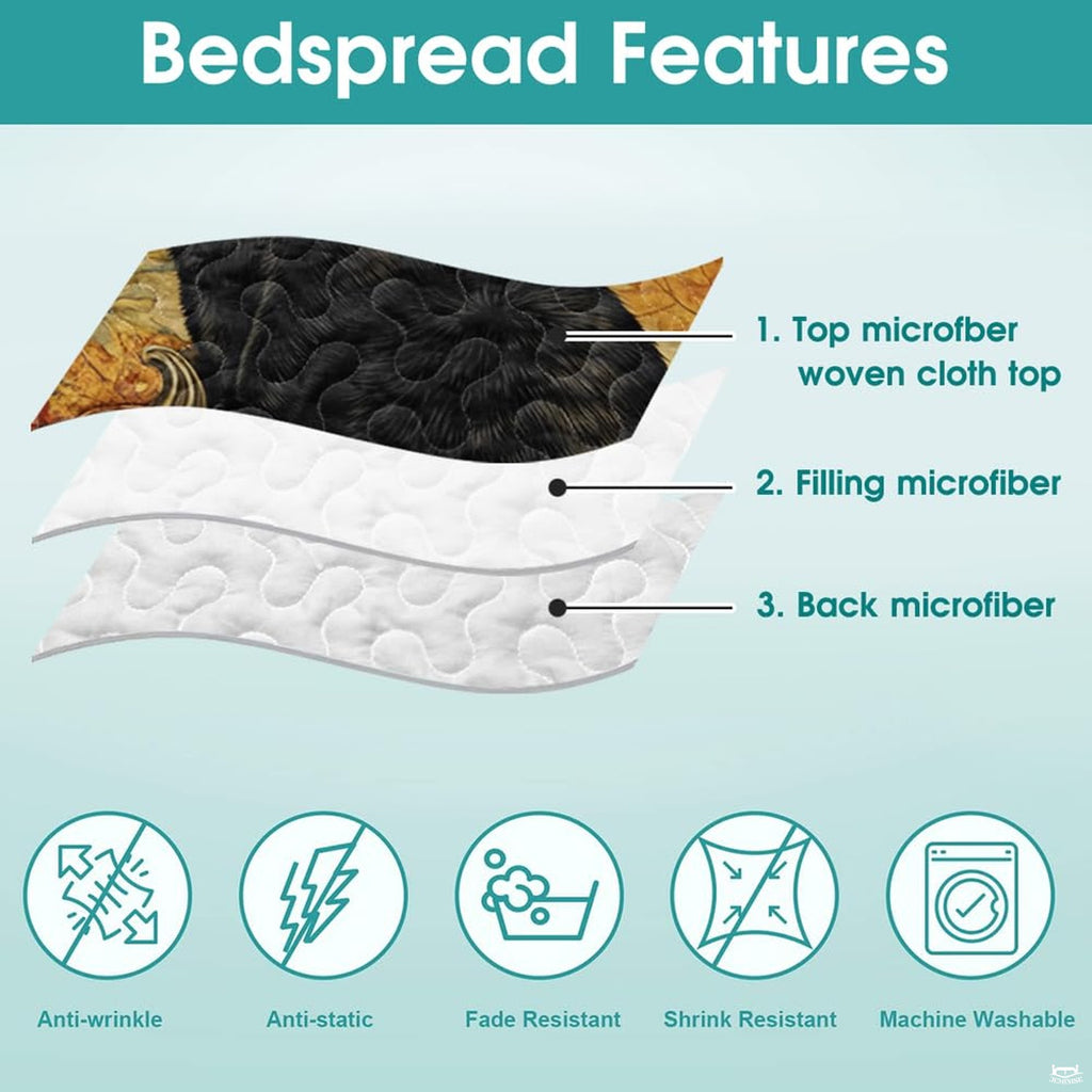 Side perspective of golden wheat leaf bedding set showing comprehensive decorative patchwork coverage in natural light.