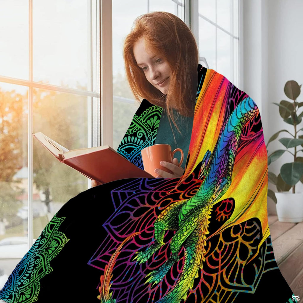 Rainbow mandala psychedelic dragon bohemian blanket showing chromatic dragon and mandala patterns view 5