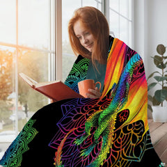 Rainbow mandala psychedelic dragon bohemian blanket showing chromatic dragon and mandala patterns view 5