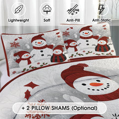 Close-up detail of snowman bedding set showing crisp illustration linework and pine green needle accents.