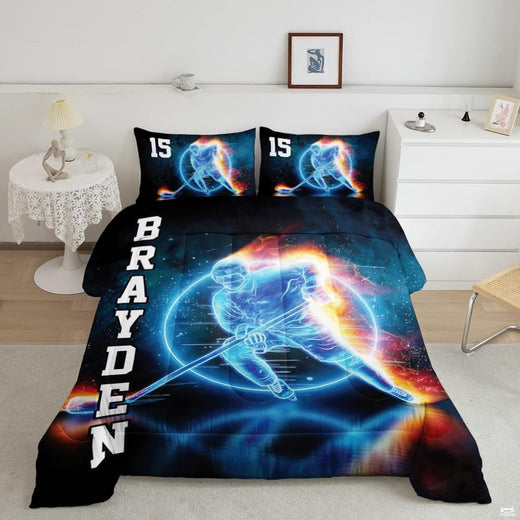Aqua sky blue ice hockey goalie player sports bedding set displayed neatly on a bed in a modern youth bedroom