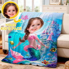 Lifestyle view of colorful mermaid blanket draped over living room sofa