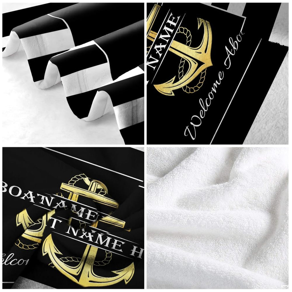 Nautical gold anchor throw blanket view 5 highlighting golden rope anchor and striped coastal side panels