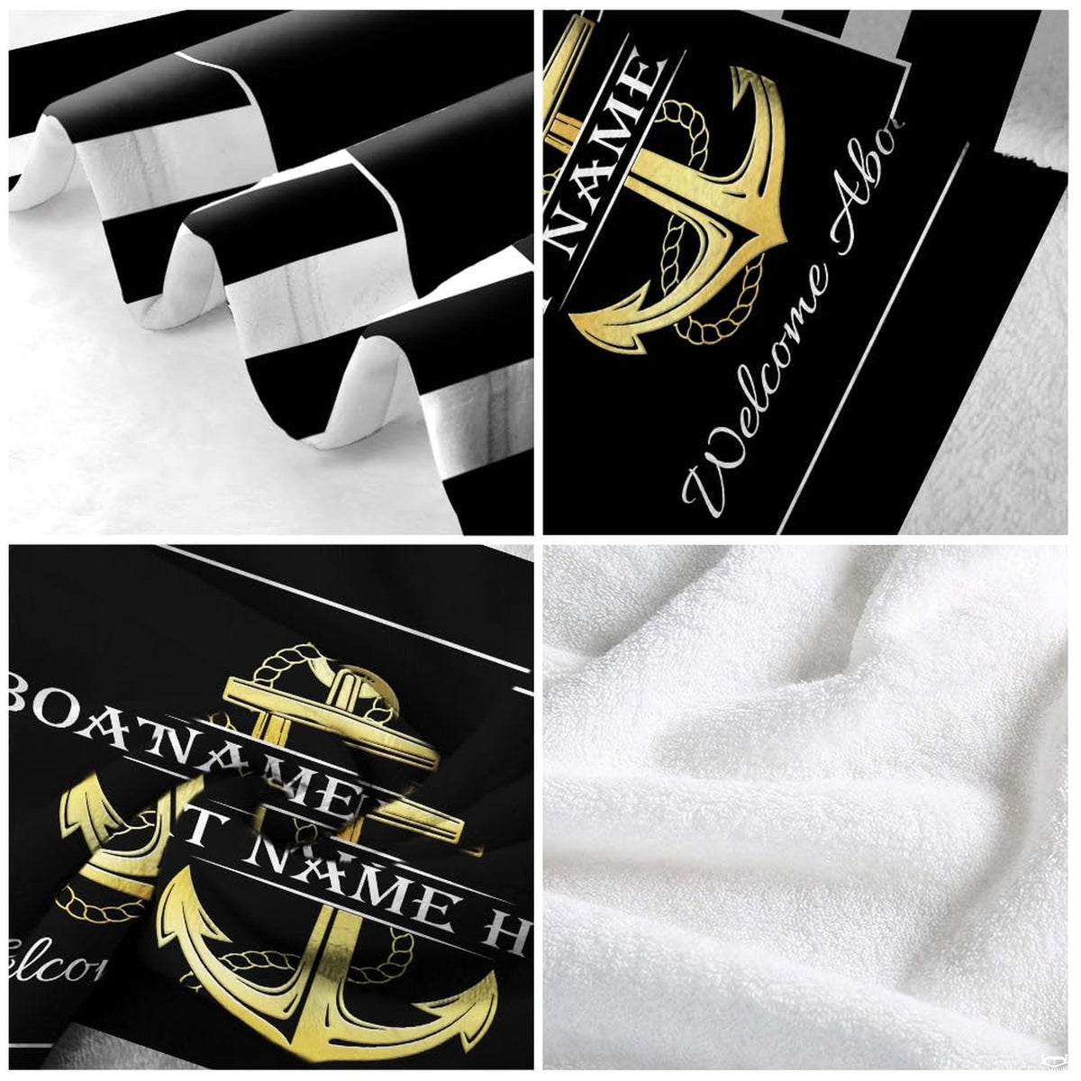 Nautical gold anchor throw blanket view 5 highlighting golden rope anchor and striped coastal side panels