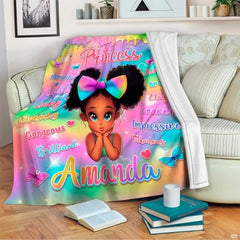 Personalized Black Girls Blanket for Kids, African Girl Blanket, Princess Soft Throw Blankets Monogrammed Name for Girl Women, Birthday Gifts Home Bedroom Decor (Multicolor-Girl)