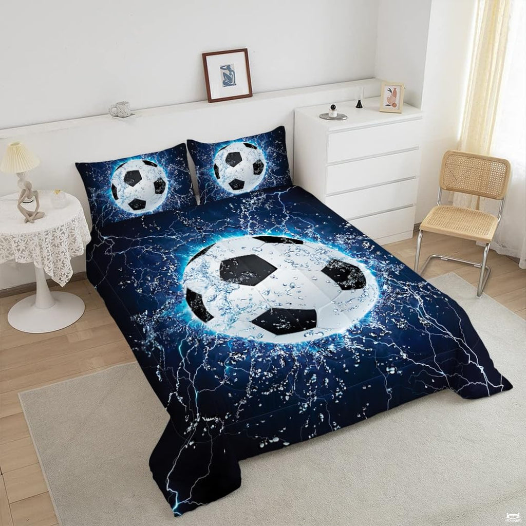 Close-up view of soccer bedding showcasing athletic cleats, soccer ball graphics, and blue tones