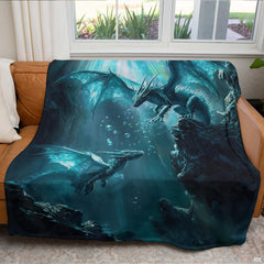 Teal underwater dragons throw blanket folded neatly on a bedroom chair.