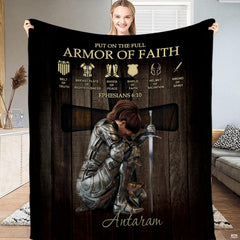 Christian warrior blanket featuring a kneeling knight before a wooden cross with biblical symbols.