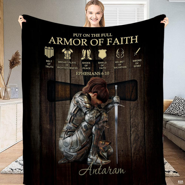 Christian warrior blanket featuring a kneeling knight before a wooden cross with biblical symbols.