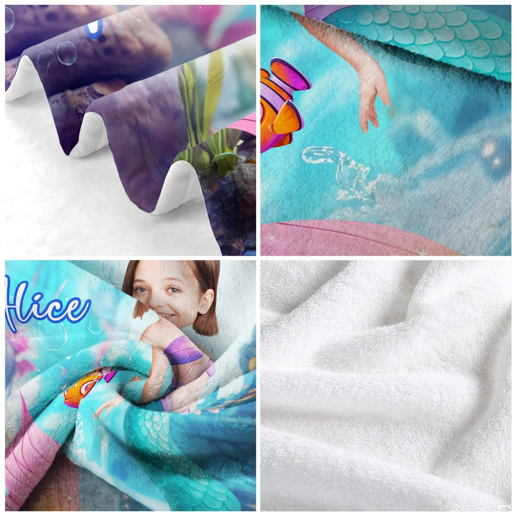 Detailed artwork view of mermaid tail and coral fish on blanket
