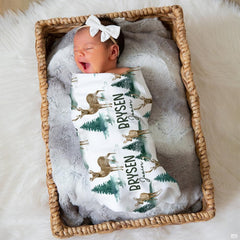 Overhead look at repeating woodland pattern featuring deer among pine trees.