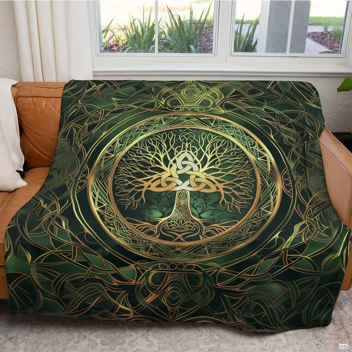 Celtic Tree of Life with golden Trinity knot medallion on emerald green knotwork, view 5.
