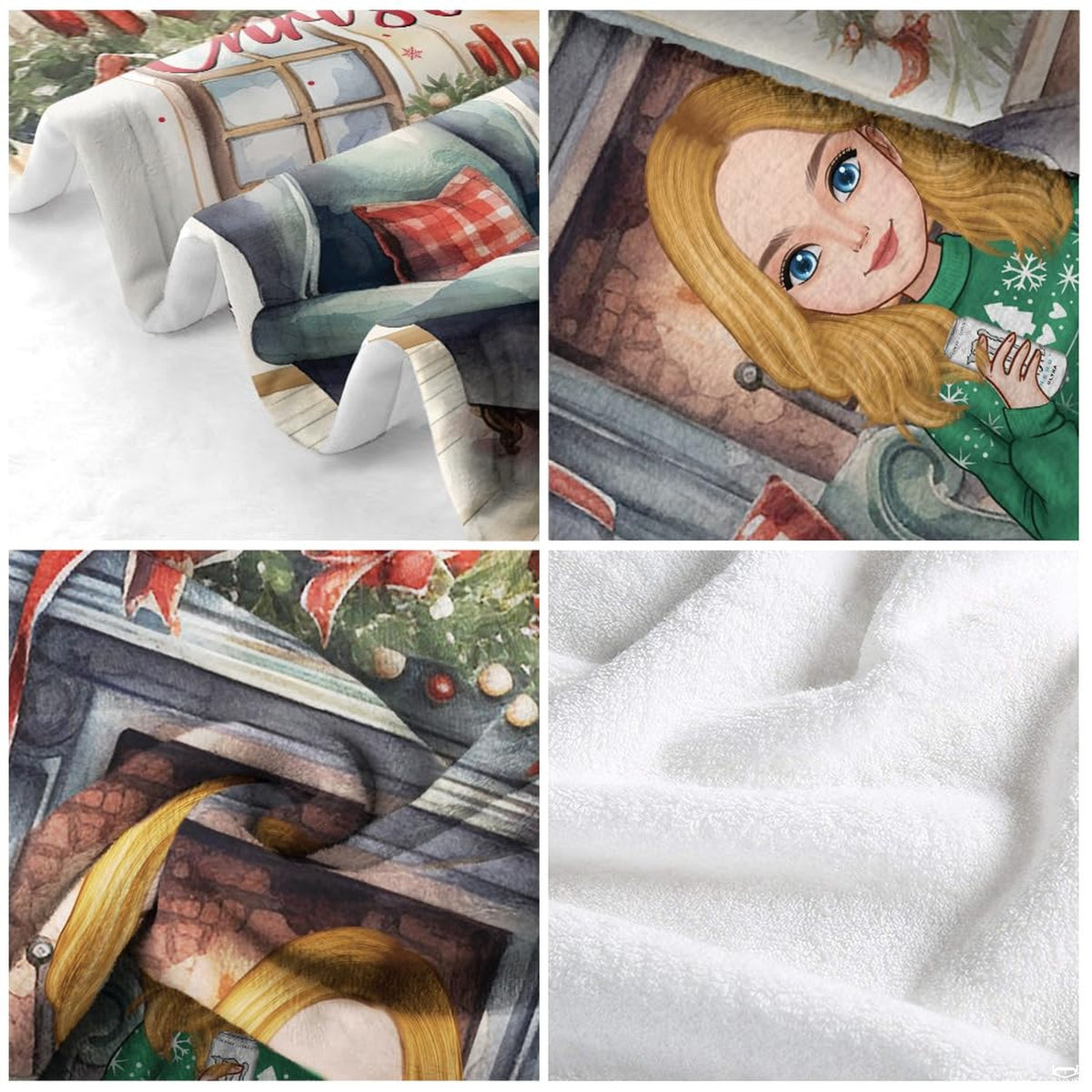 Detailed quad perspectives highlighting fine watercolor artwork on holiday movie throw blanket.