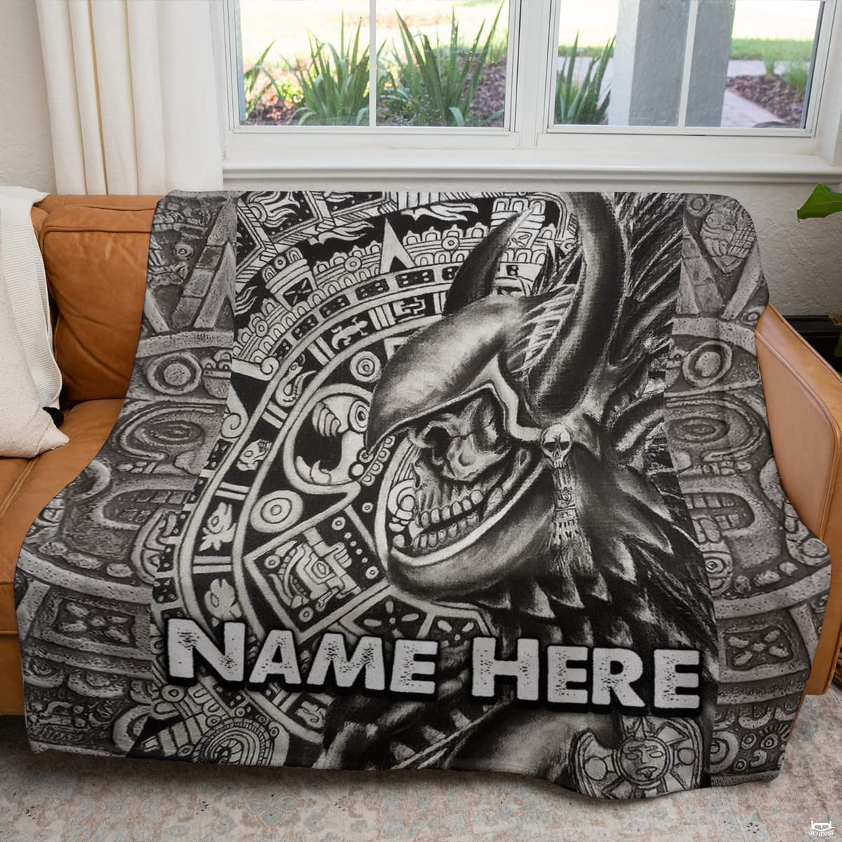 Flat view of Mesoamerican skull blanket showing detailed pencil shading and Mayan calendar artwork