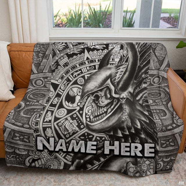 Flat view of Mesoamerican skull blanket showing detailed pencil shading and Mayan calendar artwork