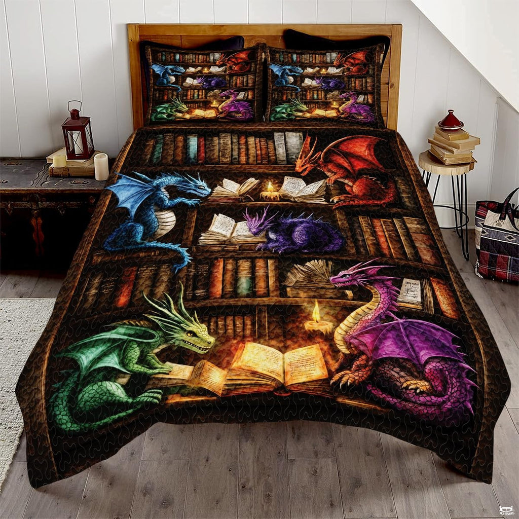 Colorful reading dragon library bedding in a bright bedroom