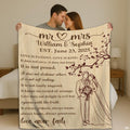 Wedding Love Is Patient throw blanket featuring bride groom sketch, scripture verse, and light wood grain background