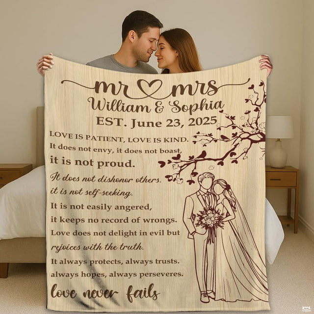 Wedding Love Is Patient throw blanket featuring bride groom sketch, scripture verse, and light wood grain background